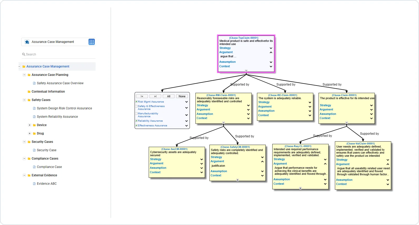 QMSpace Assurance Case module showing connected safety claims, supporting arguments, context, and evidence
