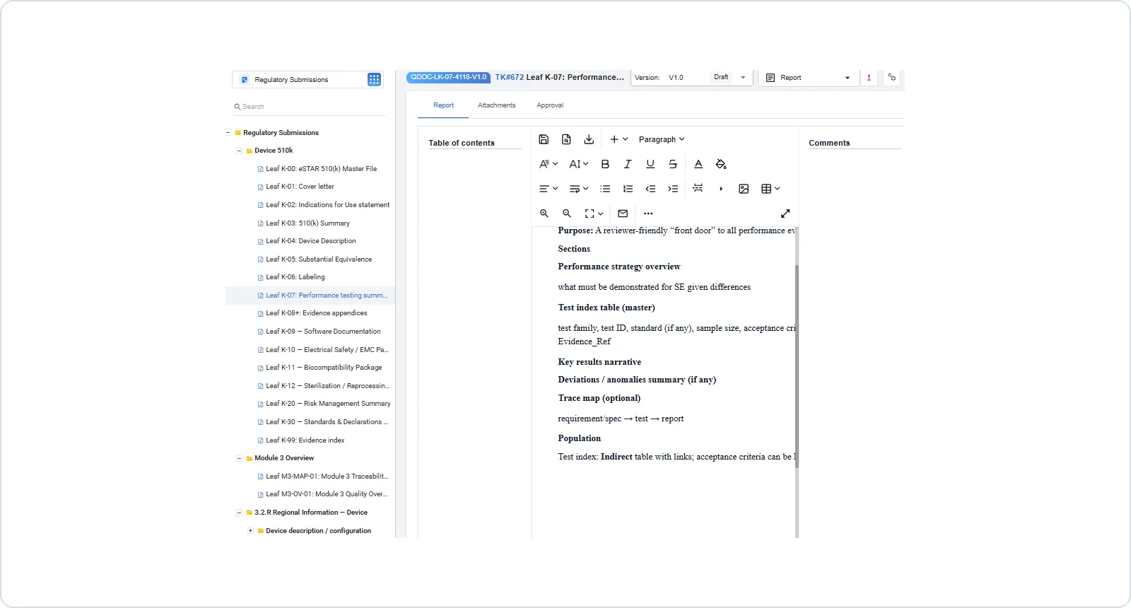 QMSpace Regulatory Submission module showing submission content authoring alongside structured regulatory content
